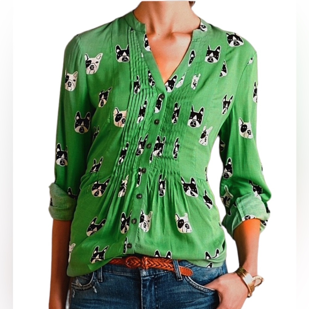 Anthropologie Green Blouse with Dog Pattern